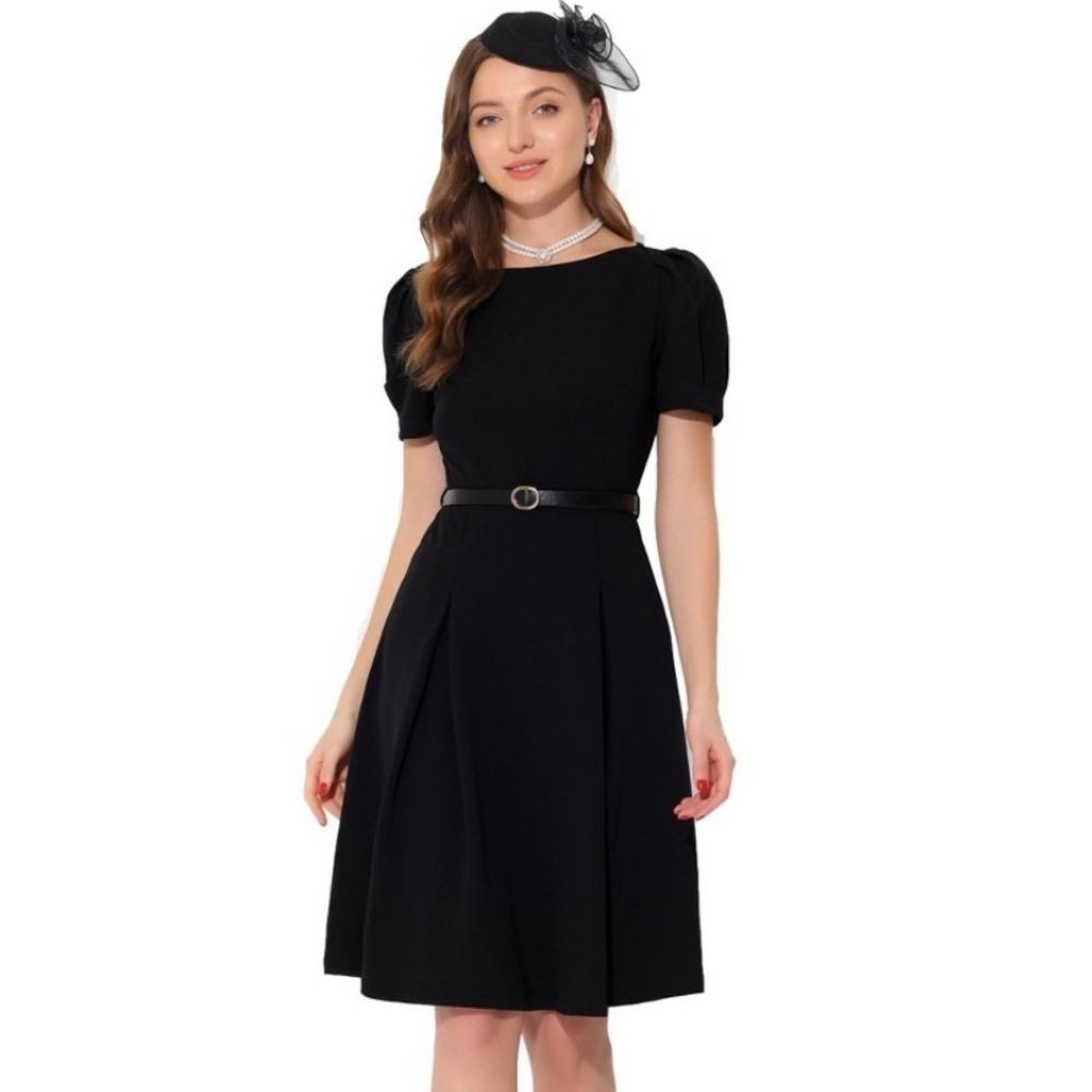 Allegra K Women's Elegant Work Dress Belted Boat Neck Short Sleeve Knee Length